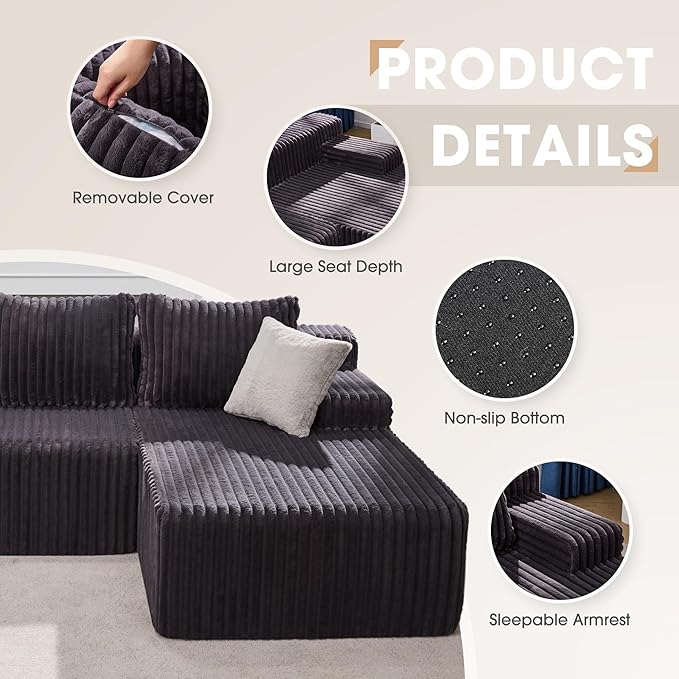 Hobestluk 96” Modular Sectional Sofa Couches L-Shape Couch 3 Seat Modular Sofa Memory Foam Sectional Couches for Living Room, Cloud Couch with Oversized Chaise (Grey, Stripe (Right Facing Chaise))-Ruum Studio Home