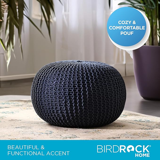 BIRDROCK HOME Round Pouf Ottoman | Cotton Braided Foot Stool with Bean Bag Filling | Boho Foot Rest for Living Room & Bedroom | Compact & Comfortable Seating, Lightweight & Soft | Navy-Ruum Studio Home