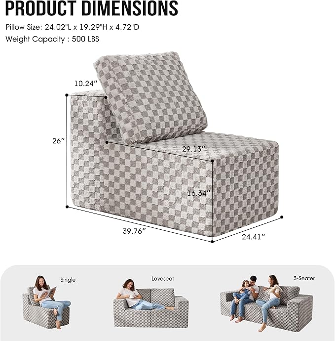 Single Sofa 1 Seat Couch with Deep Seat Memory Foam Cloud Chair with Pillows Large Sofa with L Shape for Living Room Bedroom (Plush Grey, Single)-Ruum Studio Home