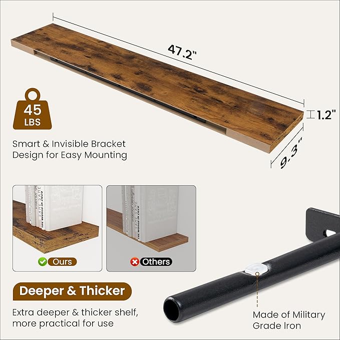Fun Memories 48 Inch Deep Floating Shelves for Wall, 2 Pack of Long Wall Mounted Wood Shelves with Invisible Brackets for Bathroom, Bedroom, Living Room, Kitchen Decor and Storage, Brown-Ruum Studio Home