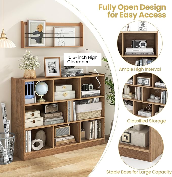 Tangkula 8-Cube Bookcase, Wood 3 Tier Open Storage Bookshelf, Modern Multipurpose Display Cabinet for Living Room, Study, Reading Nook, 48 x 12.5 x 36.5 Inch, Natural-Ruum Studio Home