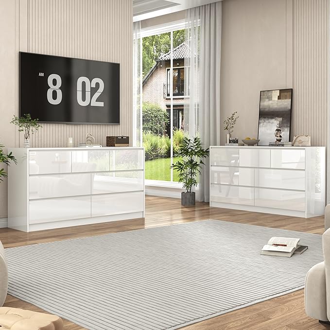 White Malm Dresser for Bedroom, 55 Inch Full High Gloss Dresser with 7 Drawers, Modern Large Wood Chest of Drawer Handle Free, Living Room, Entryway, Hallway, White-Ruum Studio Home