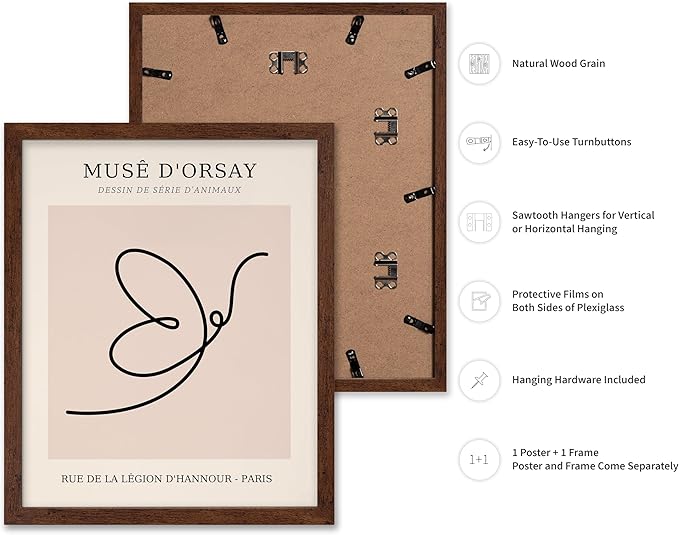 Poster Master Vintage Poster - Retro One Line Butterfly Drawing Print - Butterfly Line Art - Minimal Gift for Him, Her, Animal Lover - Abstract Decor for Home, Office, 11x14 Brown Framed-Ruum Studio Home