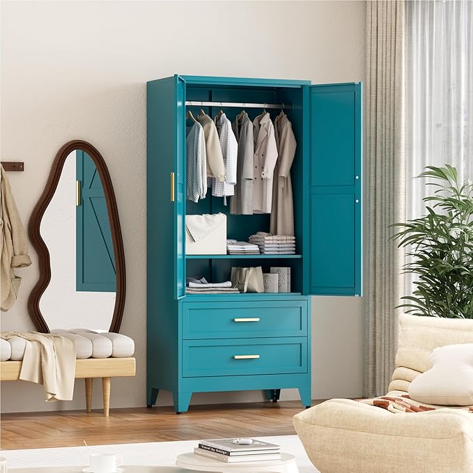 71'' Farmhouse Metal Wardrobe Cabinet with Hanging Rod, 2 Barn Door Wardrobe Closet with Adjustable Shelves,2 Drawer,for Dining Room,Bedroom,Living Room, Cloak Room,Office (Peacock Blue)-Ruum Studio Home