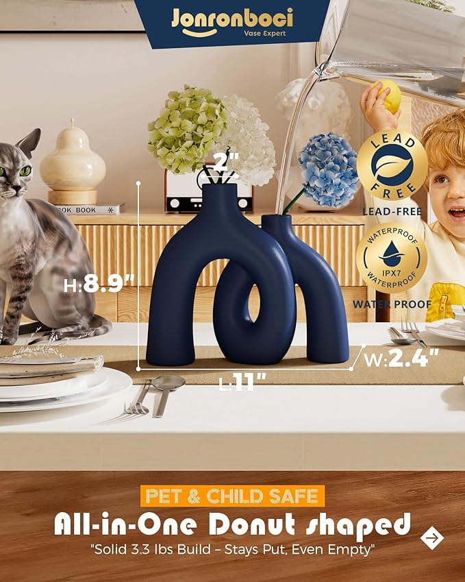 Matte Blue Vase Set - Hug Hollow Donut Aesthetic Ceramic Vases Home Decor, Navy Blue Decor Modern Coastal Decorative Vase for Table Centerpiece Bookshelf Office Entryway Console Fireplace (Navy Blue)-Ruum Studio Home