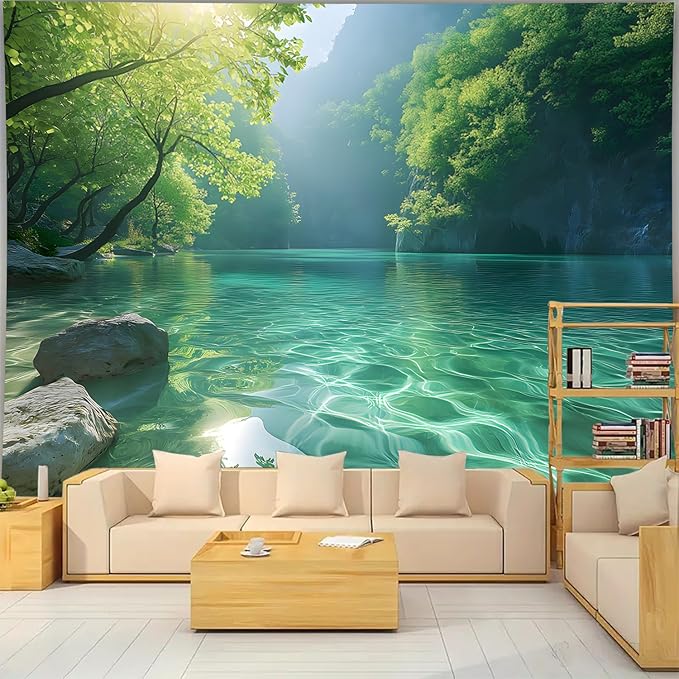 BSFHH Nature Tapestry Forest Tree Sea Cave Wall Hanging, Stream Through Rainforest Landscape Wall Art Tapestry for Bedroom Living room (Lake View, 90"×70", Unframed)-Ruum Studio Home