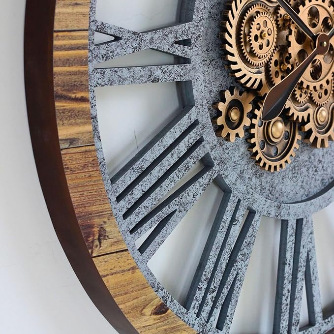 The Gears Clock 36'' Inch Real Moving Gear Wall Clock Vintage Industrial Oversized Rustic Farmhouse (Wood and Stone)-Ruum Studio Home