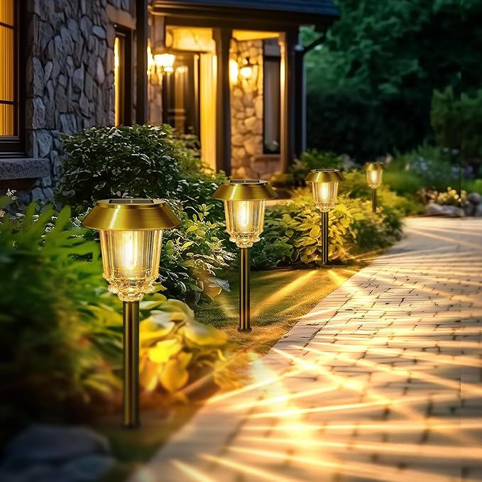 Solar Lights Outdoor Waterproof,4 Pack Gold Pathway Lights with 10-40 LM Dimmable Glass and Metal, Solar Powered Garden Decor for Yard,Patio,Pathway,Driveway Fall Decoration(Warm White)-Ruum Studio Home