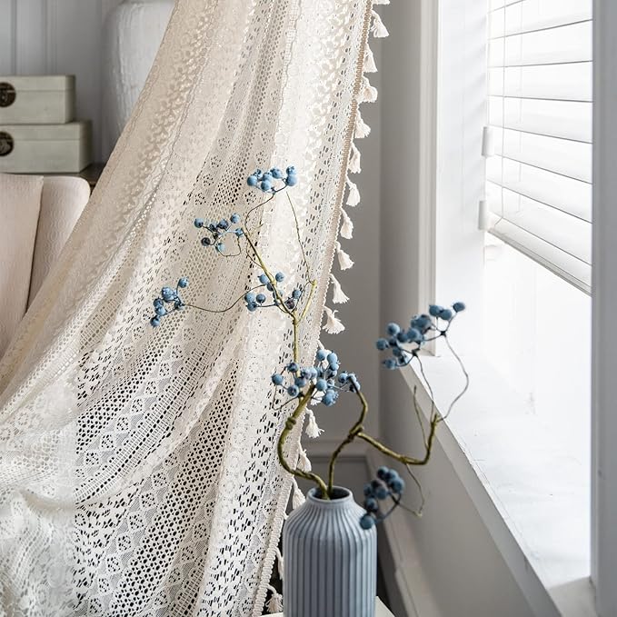 Sutuo Home Boho Curtains Crochet Lace Semi-Sheer Bohemian Hollow Knitted Handmade Tassels, Rod Pocket Window Treatment Vintage Rustic Farmhouse Drapes for Living Bedroom, 1 Panel 59" W x 72" L, Beige-Ruum Studio Home