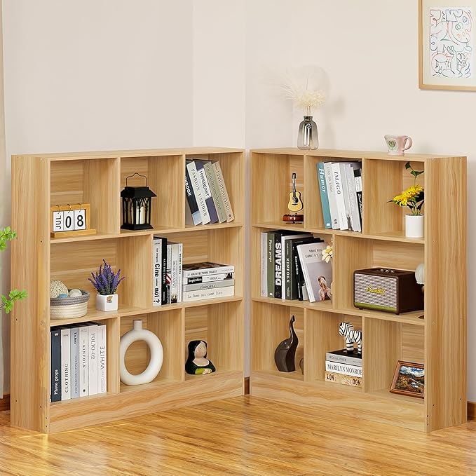 LEYAOYAO 8 Cube Bookshelf with Wood Base,Natural 3 Tier Mid-Century Modern Bookcase,Standing Wide Bookshelves Storage Organizer Shelf,Rustic Display Cabinet Book Shelves for Bedroom,Living Room-Ruum Studio Home