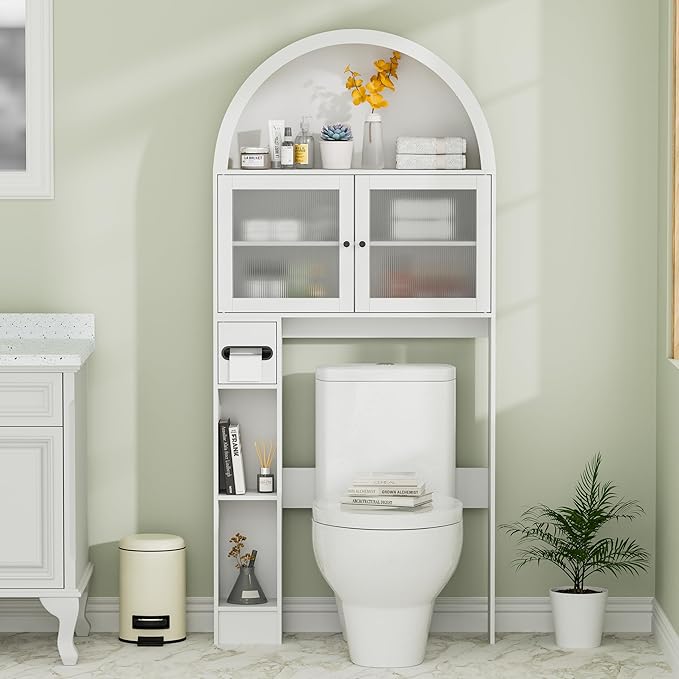 Over The Toilet Storage Cabinet, 31''W Arched Space-Saving Bathroom Organizer with Adjustable Shelf and Acrylic Doors, Freestanding Over Toilet Cabinet for Bathroom, Laundry, Restroom (White)-Ruum Studio Home