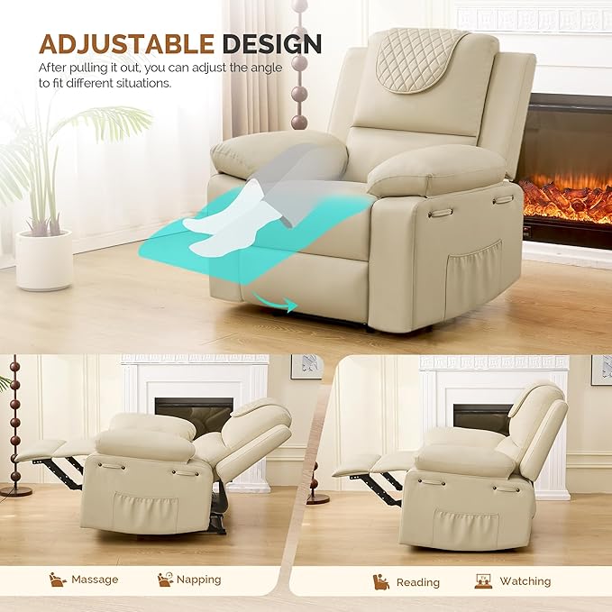 Recliner Chair with Electric Massage Adjustable Footrest & Heat, Manual Leather Recline for Adults Living Room Remote Control (Beige)-Ruum Studio Home