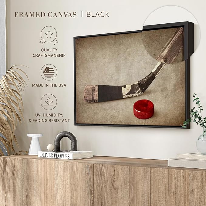 Elephant Stock Vintage Ice Hockey Wall Art - Horizontal Framed Canvas - 1-Piece Hallway Wall Decor - Photography Sports Canvas Print - Brown and Beige Decor for Wall - 40" X 27"-Ruum Studio Home