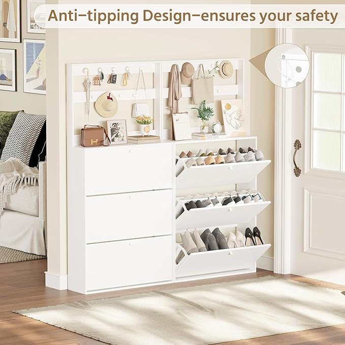 Shoe Cabinet with 3 Flip Drawers, Narrow Shoe Cabinet with 9 Hooks Coat Rack, Freestanding Shoes Storage Cabinets with Adjustable Shelves for Entryway, Hallway, Living Room, White-Ruum Studio Home