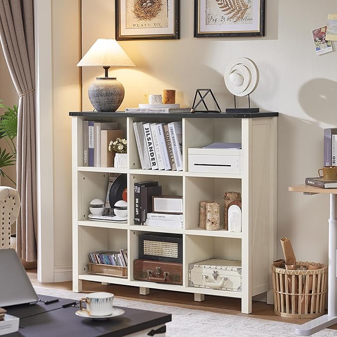9 Cube Bookcase, Farmhouse 47 Inch Wide White Bookshelf, Wooden 3 Tier Display Large Open Book Shelf, Vintage Horizontal Book Case for Home Office, Cubby Storage Cabinet for Living Room-Ruum Studio Home