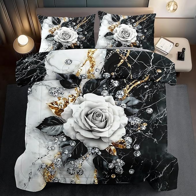 Marble Floral Comforter Set for Queen Bed Women,Vintage Flower Bedding Set Queen,White and Black Comforter Rose Quilt for Girls,Rose Bedding Floral Bedroom Decor Adults-Ruum Studio Home