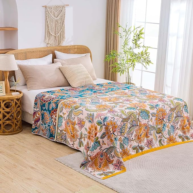 Boho Throw Blanket for Bed, 100% Cotton Soft Rustic Quilt Fall Blanket, 80"x90" Floral Printed Farmhouse Decor Bed Blankets, All Season Rustic Reversible Bohemian Throw Quilt-Ruum Studio Home