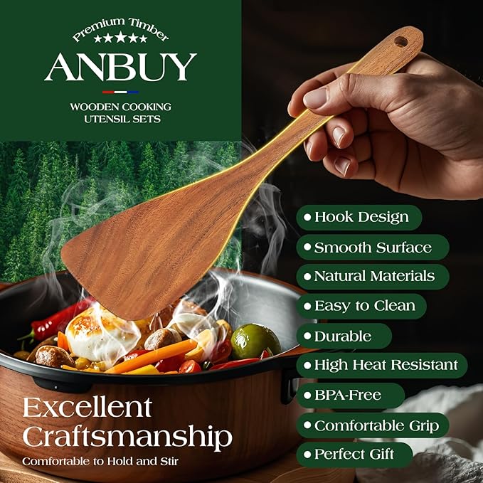 ANBUY Teak Wood Kitchen Utensils Set, Heat Resistant Wooden Spoons for Cooking, 10 Pcs Cooking Utensils Set Wooden, Wood Utensils Set for Cooking Food-Ruum Studio Home