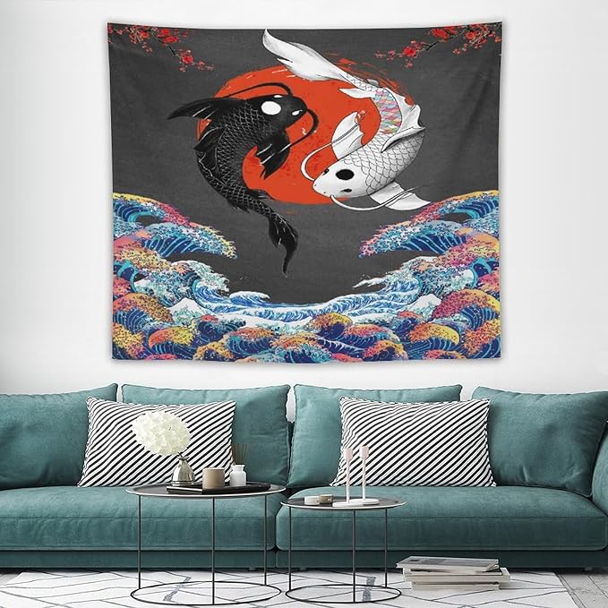 Houselerax Japanese Koi Fish Tapestries, Yin Yang Big Wave Cherry Blossom Tapestry Wall Hanging for Bedroom Living Room Office Decor 60"x50"-Ruum Studio Home