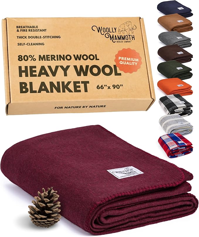 Woolly Mammoth Woolen Company Outdoor Merino Wool Throw Blanket - 66" x 90" Large Burgundy - Camping Essentials Bedroll & Emergency Survival Gear - Heavyweight Thermal & Breathable-Ruum Studio Home