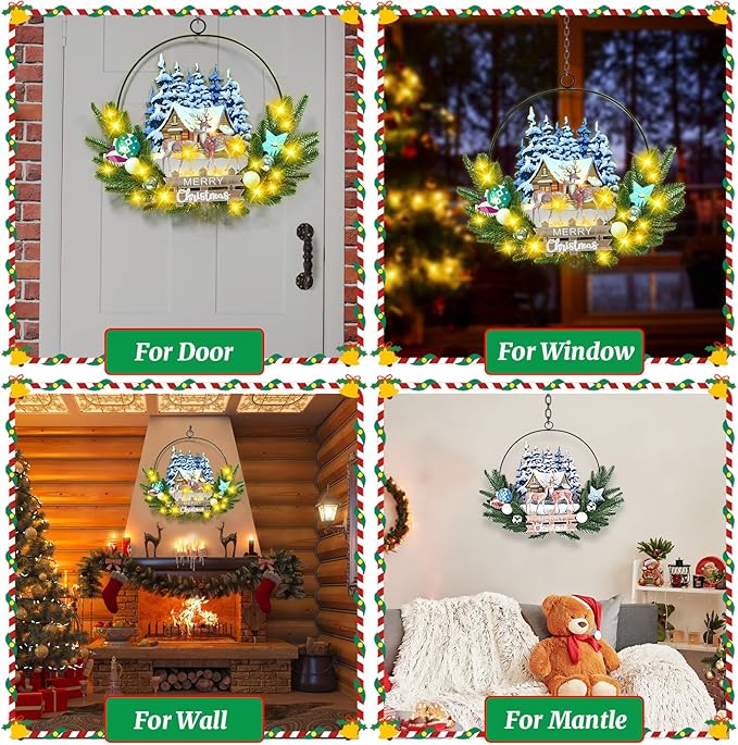 Light up Christmas Wreaths for Front Door, Welcome Metal Wooden Door Wreath Decor Hanging Sign, 30 LED Lighted Wall Decor Battery Operated for Halloween Indoor Outdoor (Deer)-Ruum Studio Home
