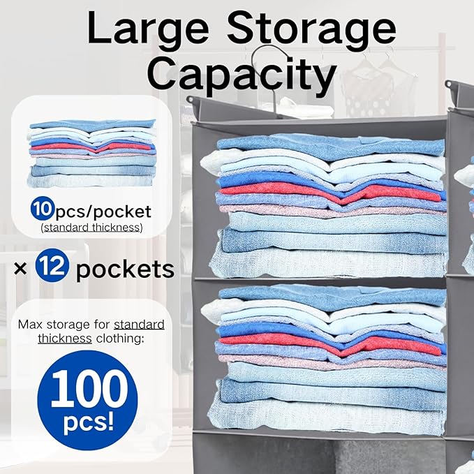 Dual-Row 6 Tier Shelf Hanging Closet Organizer and Storage, 12 Pockets Clothes Storage Shelves with 3 Sturdy Hooks for Clothing Organization, Dorm Room Essentials for Girls, Foldable, Grey-Ruum Studio Home