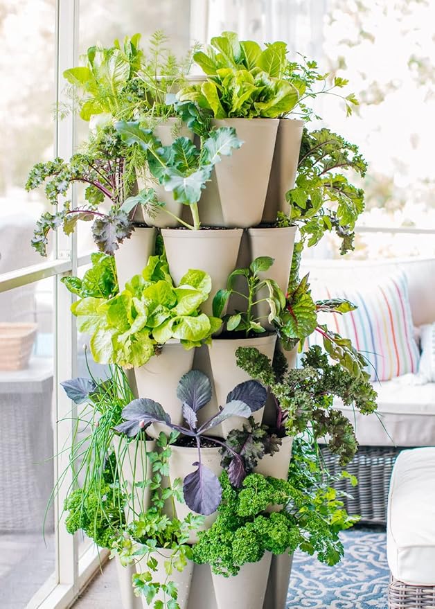 Greenstalk Patented Large 5 Tier Vertical Garden Planter with Patented Internal Watering System Great for Growing a Variety of Strawberries, Vegetables, Herbs, & Flowers (Stunning Stone)-Ruum Studio Home