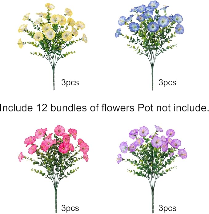 Artificial Flowers for Outdoors Fake Plants Outside Decoration, 12 Bundles Silk Colorful Morning Glory with Eucalyptus UV Resistant Realistic Faux Flowers for Planter Porch Patio Yard Indoor-Ruum Studio Home