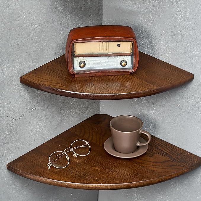 Corner Shelves, Floating Corner Shelf, Set of 2 12inch Solid Oak Wood Corner Wall Shelves, Round End with Wire Hole for Small Plant for Bedroom Kitchen, Living Room-Ruum Studio Home