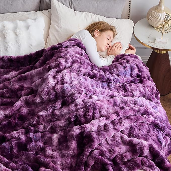 NEWCOSPLAY Faux Fur Throw Blanket Tie-dye Violet Purple Luxury Fluffy Thick Warm Bubble Blanket for Couch Sofa Bed 700GSM (Tie-dye Violet Purple, Throw(50"x60"))-Ruum Studio Home