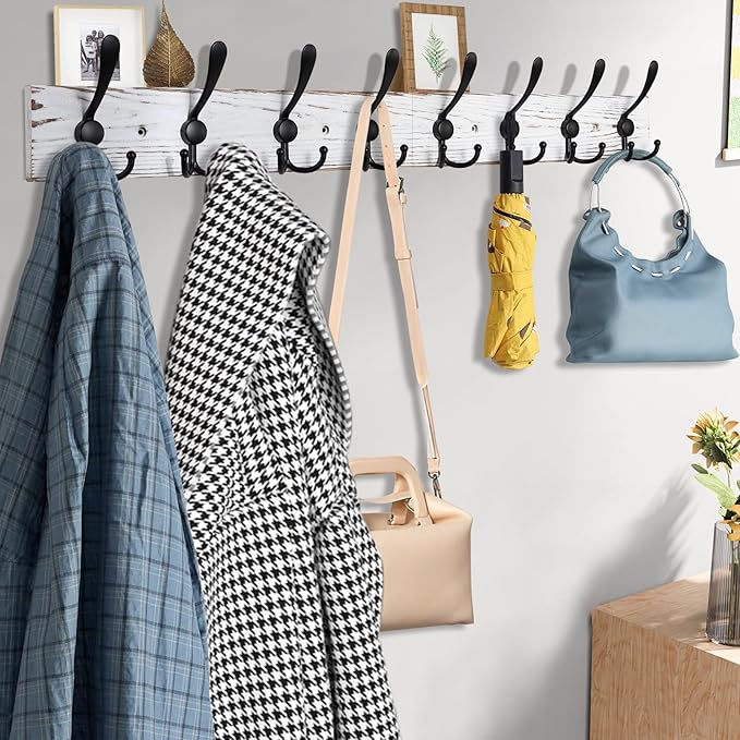 32.2'' Large Coat Rack Wall Mount Coat Hooks with 8 Metal Black Triple-Hooks Old White Pine Real Wood Plank Hat Rack for Wall Hooks-Ruum Studio Home