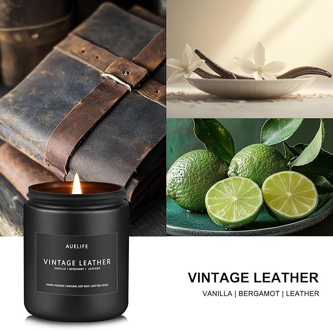 Vintage Leather Candle | Men Candles, Soy Candle for Home Scented - Man Scented Candles for Home, Men Gifts for Him - 7oz Black Jar Gifts for Friends-Ruum Studio Home