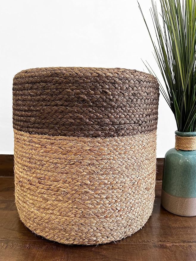 Jute Pouf Ottoman | Footrest Pouf | Hand Braided - Round Boho Pouffe - for Living Room, Bedroom, Nursery (16"x16"x16") Grey-Ruum Studio Home