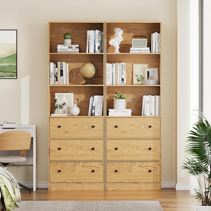 71" Tall Bookshelves Set of 2, Bookcases with Drawers, Bookshelves with Storage, Wooden Bookshelf with 3 Drawers & 3-Tier Open Shelves,Home Decor Furniture for Living Room,Bedroom,Home,Natural-Ruum Studio Home