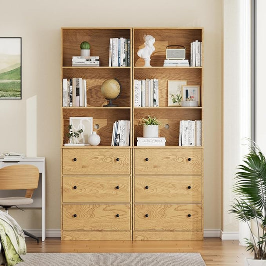 71" Tall Bookshelves Set of 2, Bookcases with Drawers, Bookshelves with Storage, Wooden Bookshelf with 3 Drawers & 3-Tier Open Shelves,Home Decor Furniture for Living Room,Bedroom,Home,Natural-Ruum Studio Home