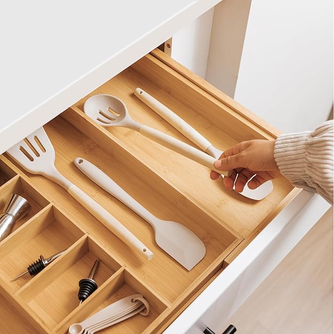 Adjustable Kitchen Drawer Organizer for Utensils and Junk, Food-Safe Contract Grade with 100% Sustainable Wood, Expandable from 19 to 33 Inches Wide - Natural Bamboo-Ruum Studio Home