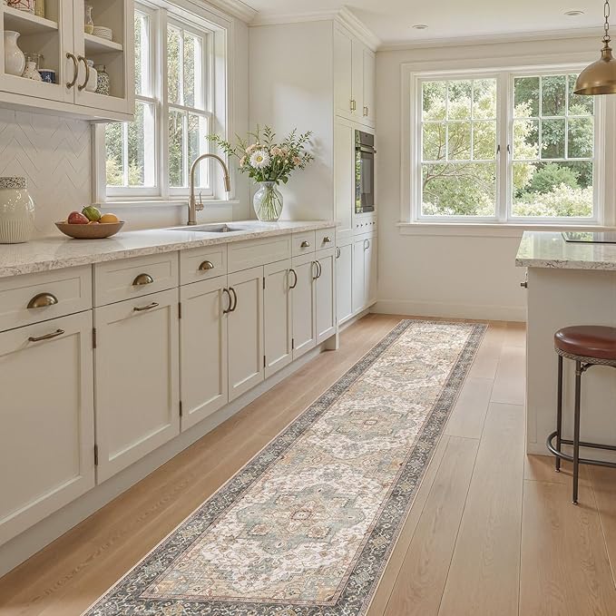 Washable 2.6x12 Runner Rug - Area Rugs Neutral Vintage Distressed Floral Farmhouse Boho Large Soft Floor Rug Indoor Carpet for Hallway Entryway Kitchen Home - Forest Green Orange-Ruum Studio Home