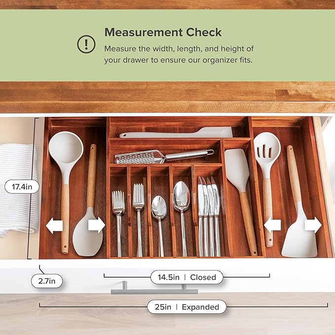 Premium Silverware, Flatware and Utensil Organizer for Kitchen Drawers, Expandable 14.5 to 25 Inches Wide, 10 Compartments, Food-Safe Premium Acacia Wood Finish Kitchen Storage Tray-Ruum Studio Home