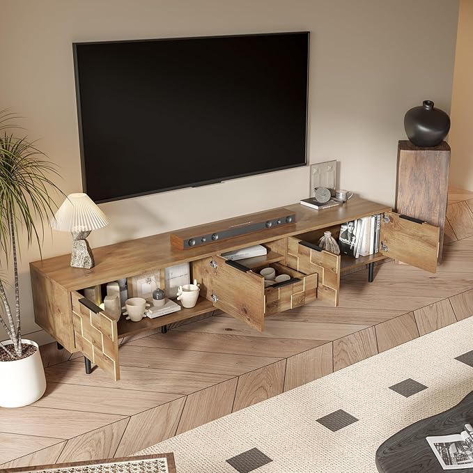 Modern TV Stand for TVs up to 85", Mid-Century Media Console with Checkered Cabinet Doors, Storage Drawers & Open Shelves, Wood Entertainment Center with Metal Legs-Ruum Studio Home