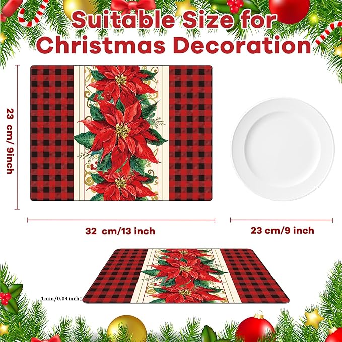 Christmas Poinsettia Placemats Set of 6 Red Watercolor Poinsettia Plastic Table Mats Christmas Xmas Red Flower Place Mats Winter Holiday Table Decoration for Indoor Outdoor Party Kitchen Dining-Ruum Studio Home