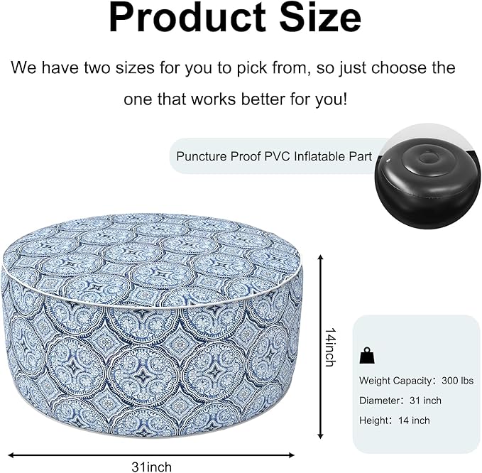 Inflatable Ottoman Stool D31 xH14 for Outdoor/Indoor Use, Water Repellent Patio Foot Rest Stool with Portable Handle,Round Pouf Ottoman Suitable for Garden,Deck and Camping - Medallion Blue-Ruum Studio Home