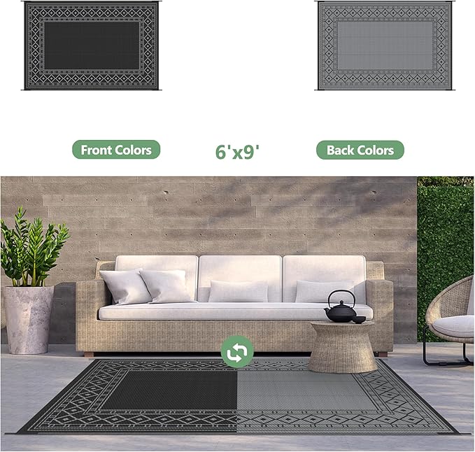 GENIMO Outdoor Rug Waterproof 6'x9' for Patio, Foldable Reversible Plastic Straw Carpet for Travel Trailers, Outside Area Mat for Rv, Deck, Picnic, Porch, Camper, Balcony, Beach, Black & Grey-Ruum Studio Home