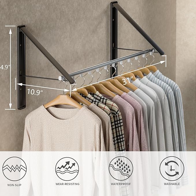 Dr.DJ Clothes Drying Rack with Rod, Wall-Mounted Retractable & Foldable Clothes Hanger for Laundry Room Organization and Storage, Metal Clothes Hanger Rack for Dorm, Closet, Balcony 2Rack, 1Rod Black-Ruum Studio Home