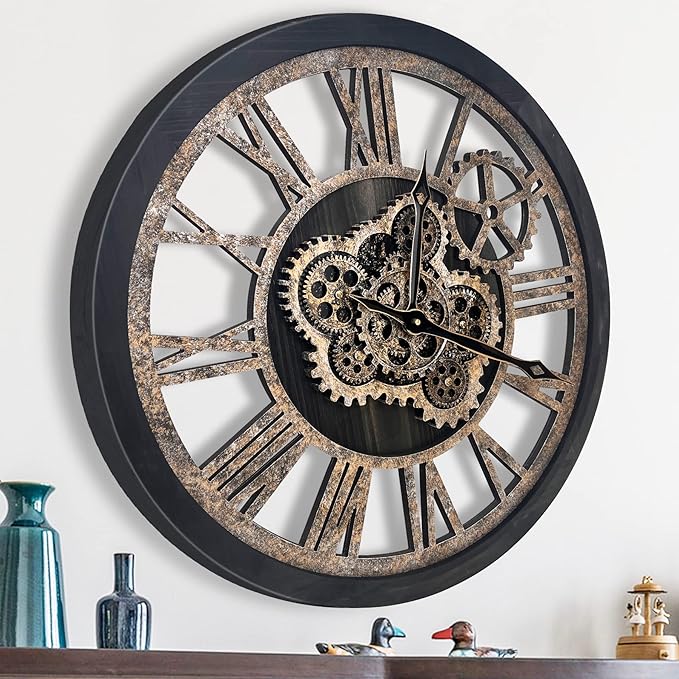 The B-Style Large Wall Clock 18 inch Moving Gear Wall Clock Oversized Vintage Farmhouse Wall Clocks for Living Room Decor Rustic Industrial Wood Clock (Black)-Ruum Studio Home