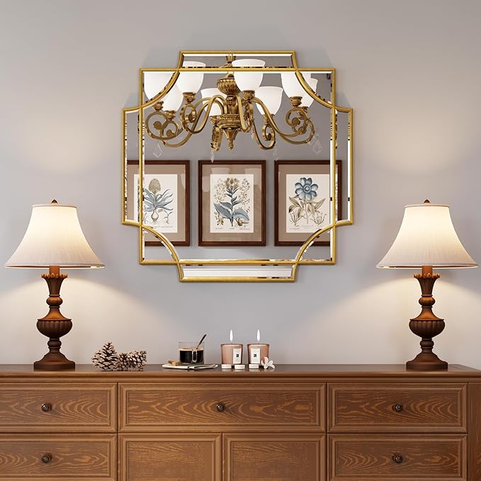 Kelly Miller Gold Framed Mirror for Wall, 26"x26" Gold Square Wall Mirror Vanity Mirror Decorative Mirror Beveled Wall Decor for Bathroom Powder Room Living Room Bedroom Bedside Table Entryway Hallway-Ruum Studio Home