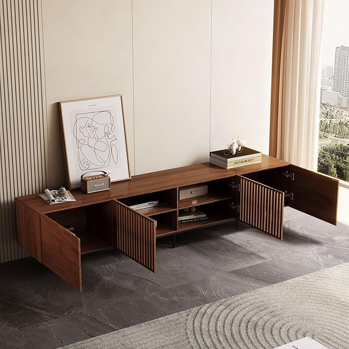 Mid Century Modern TV Stand for 80+ Inch TVs, 94.48" Walnut Console with Ample Storage – Stylish Entertainment Center for Living Room or Bedroom-Ruum Studio Home