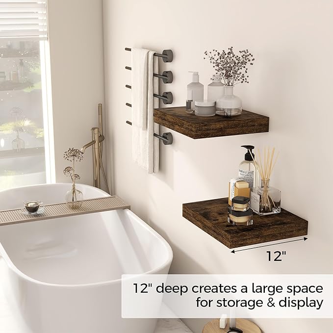 Fun Memories 12 Inch Floating Shelf, Rustic Wood Wall Shelves for Wall Decor & Storage, 12 x 12 Floating Shelf for Living Room, Bathroom, Bedroom, Rustic Brown, Set of 2-Ruum Studio Home