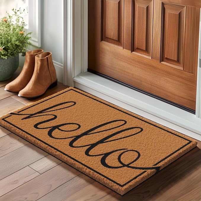 Barnyard Designs Natural Coco Coir Heavy Duty Backing Doormat - Large Cute Non-Slip Front Door Welcome Mat for Outside Entrance or Porch Entry, Brown (17x30, Hello)-Ruum Studio Home