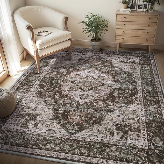 AMOAMI-4X6 Area Rugs for Living Room -Soft Vintage Bedroom Rugs-Non Slip Washable Rug-Throw for Living Room Bedroom Bedside Dining Room Office Brick/Brown-Ruum Studio Home