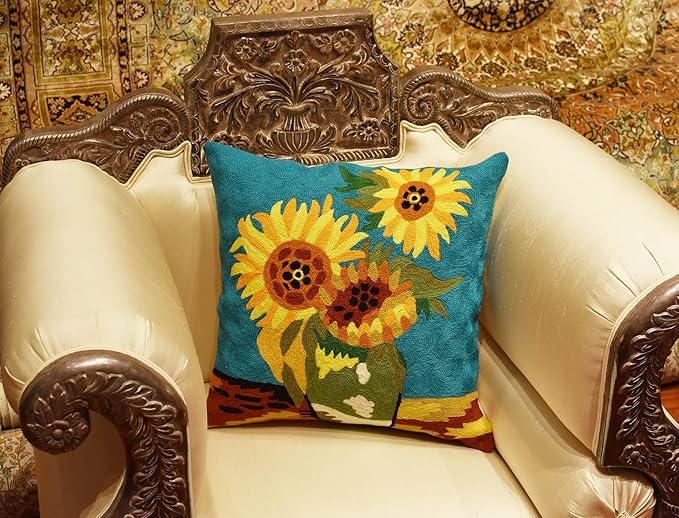 Turquoise Van Gogh Sunflower Pillow Cover Teal Floral Sofa Pillowcase Flower Chair Cushion Accent Throw Flowery Outdoor Pillows Farmhouse Couch Handmade Wool Size 18x18-Ruum Studio Home